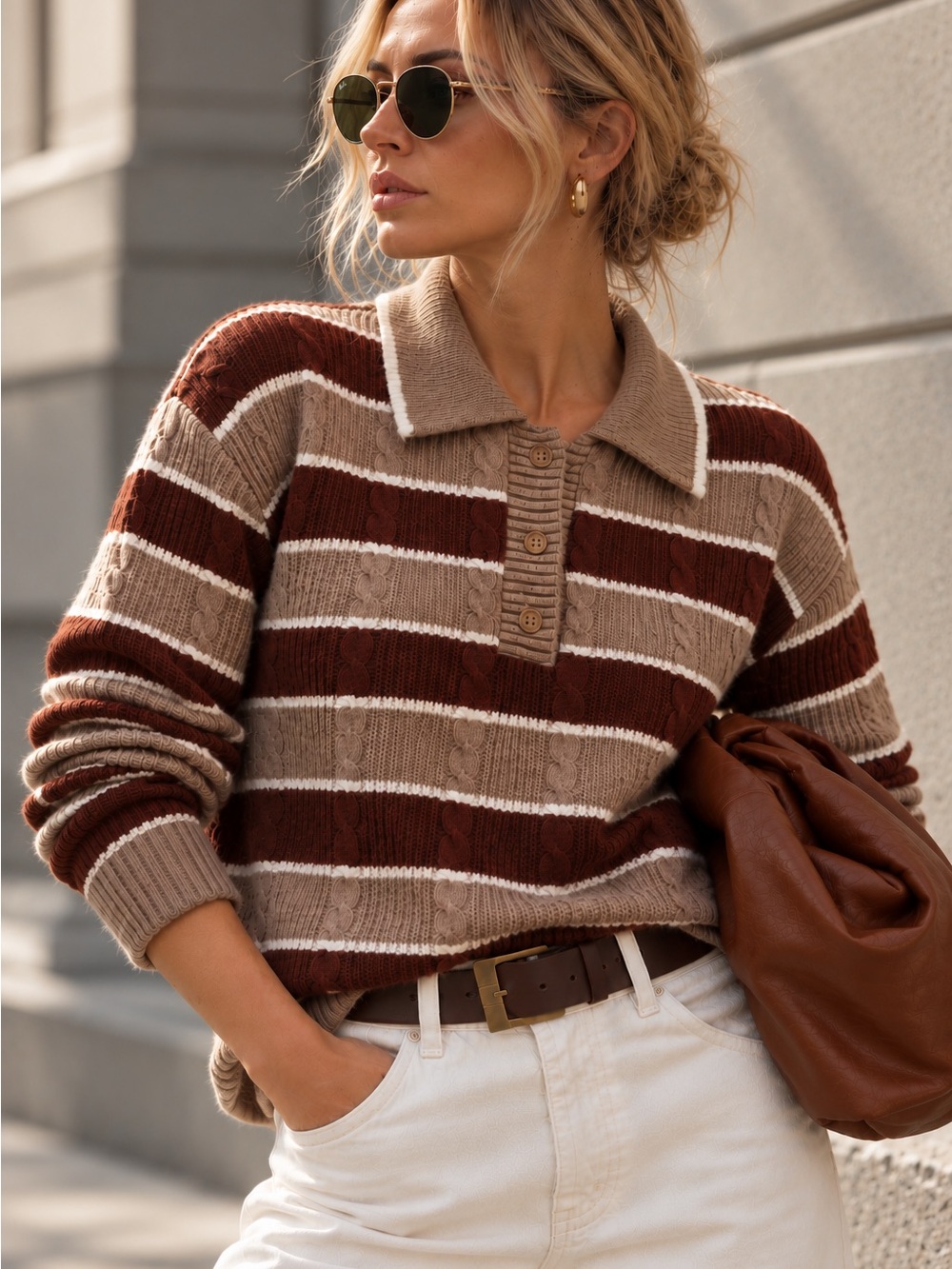Gorgeous Caroline Constas Brown & White Striped Polo Collared Sweater